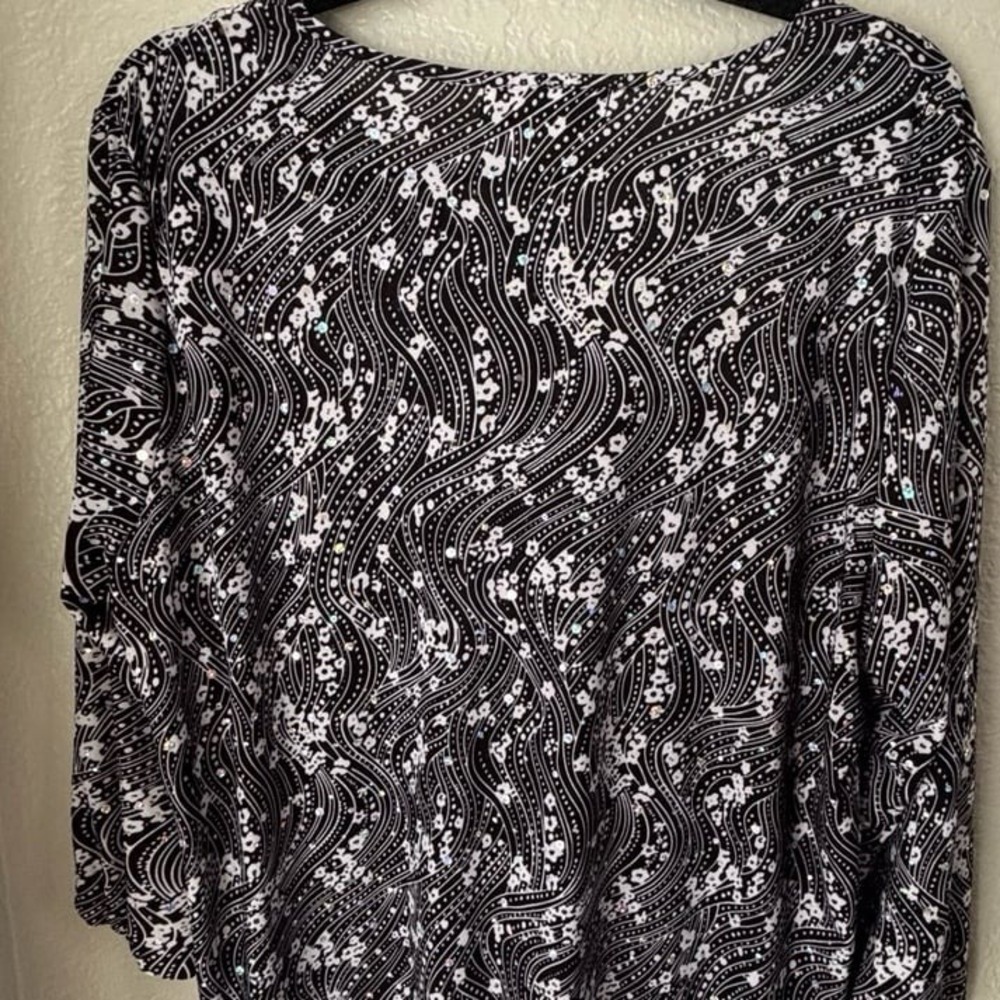 Cathy Daniels Women's L Black/White ¾ Sleeve Blouse‎ Round Neck Sequined - Picture 7 of 10